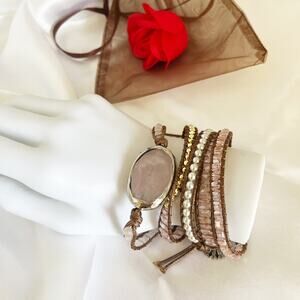 Rose Quartz Bohemian Adjustable 3-Row Beaded Wrap Bracelet Button Loop Closure